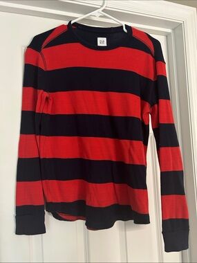 GAP Red and Black Striped Crewneck Top